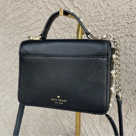 KATE SPADE Black Glitter Leather Serrano Place Pearl Mini Satchel Crossbody Bag